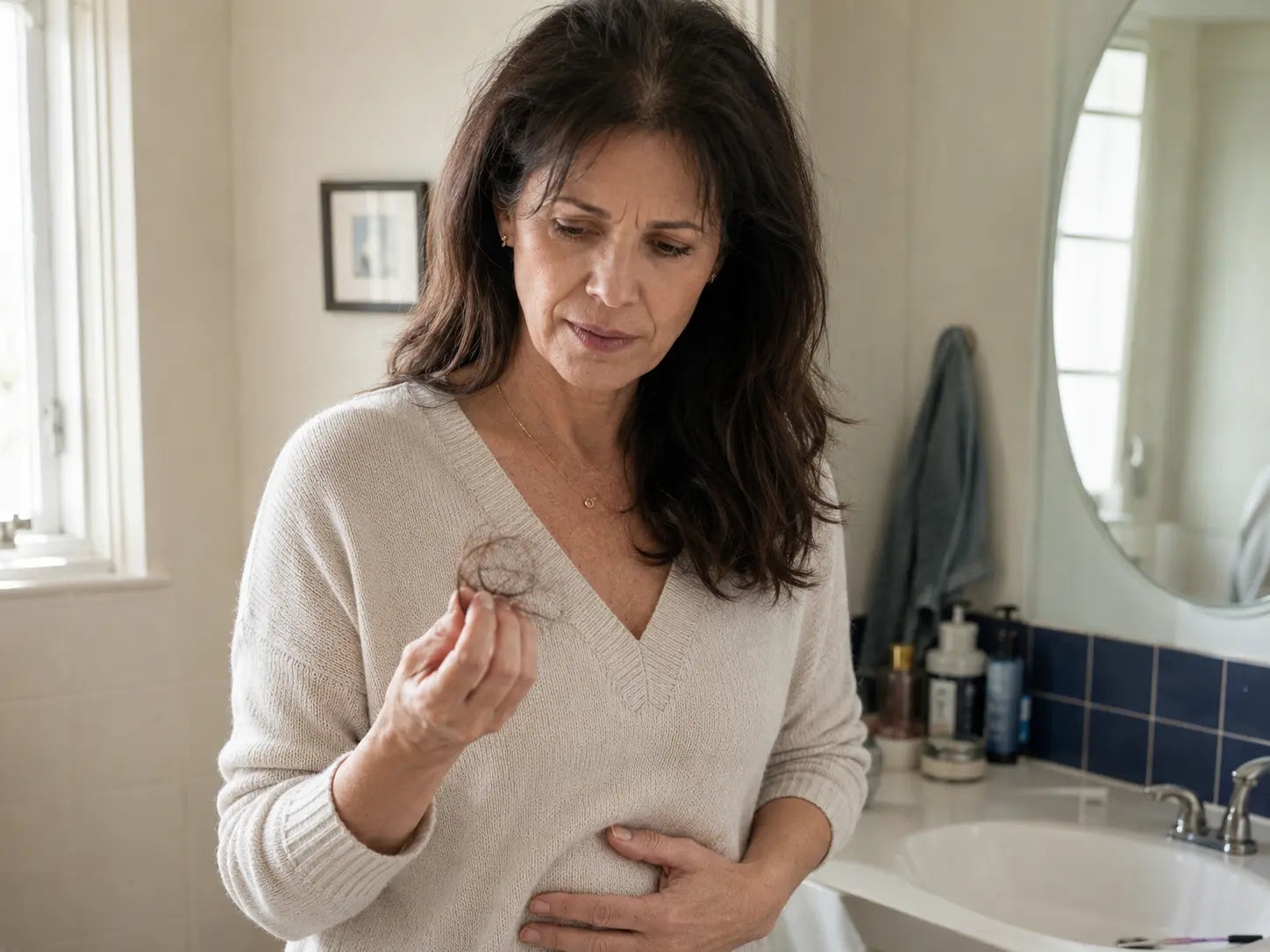 Woman navigating hair shedding and digestive discomfort during weight loss
