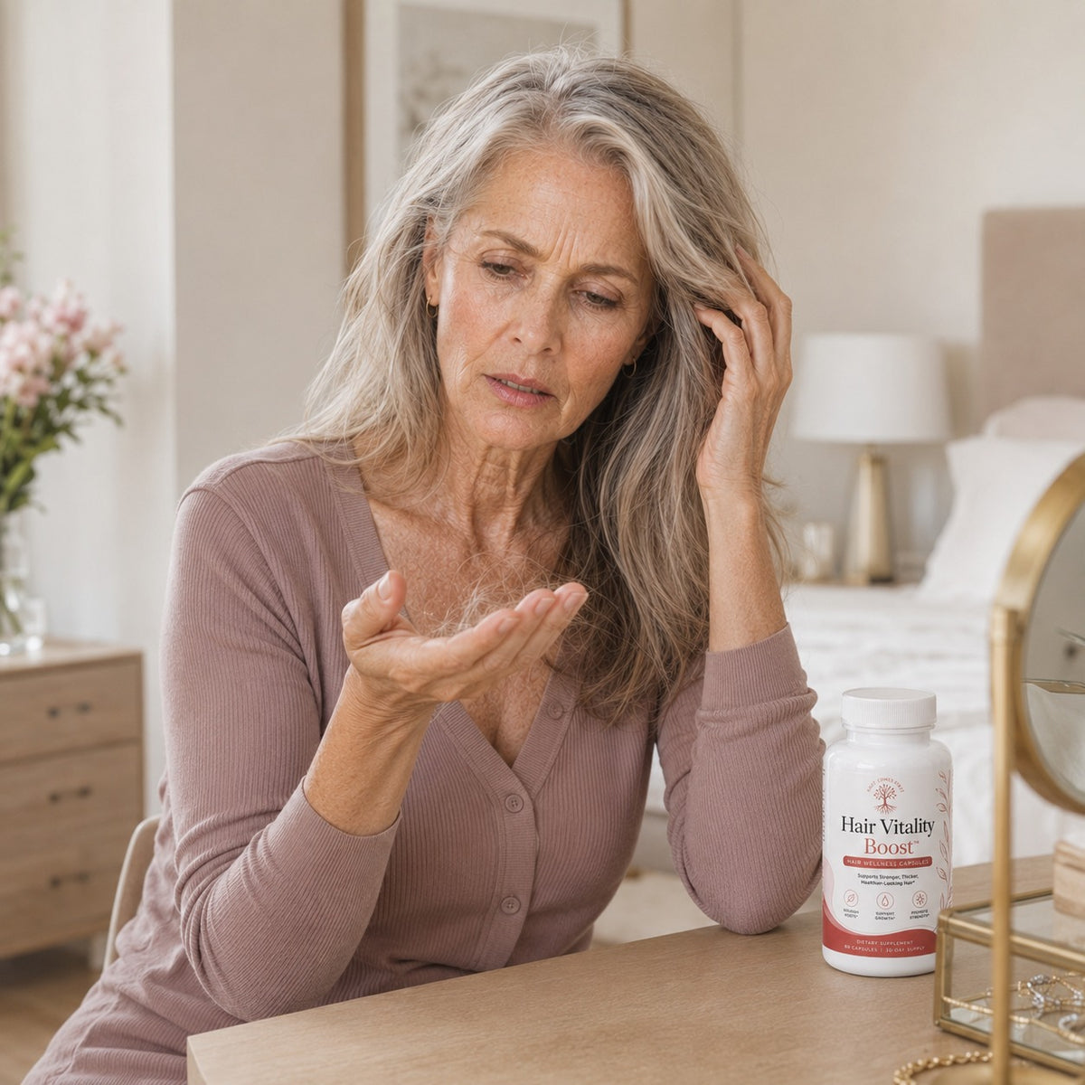 Mature woman reflecting on changes in her hair during her wellness journey