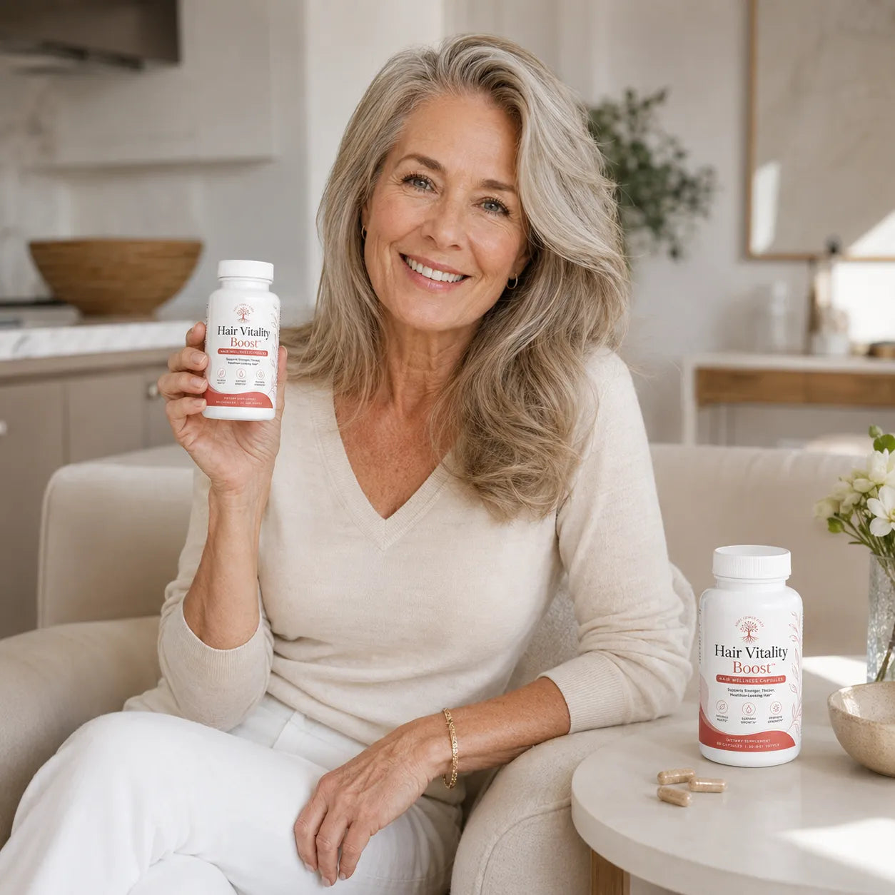 Hair Vitality Boost capsule bottle as part of a daily beauty routine