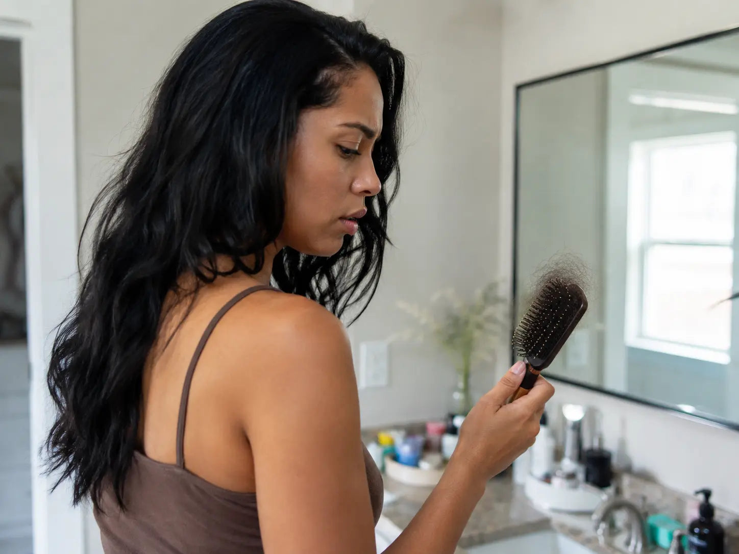Woman noticing hair in her brush during her weight loss journey
